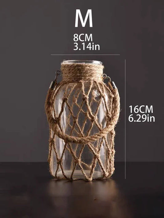 Boho Chic Hanging Glass Vase with Rope Net - Perfect for Dry Flowers and Home Decor
